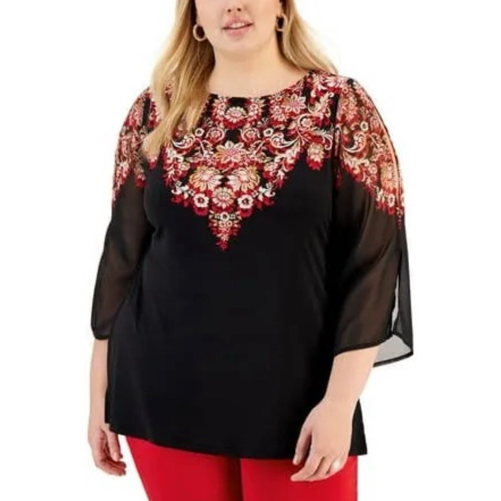 JM Collection Printed Split/Sheer-Sleeve Tunic - Red Blackβ Floral - Size XL